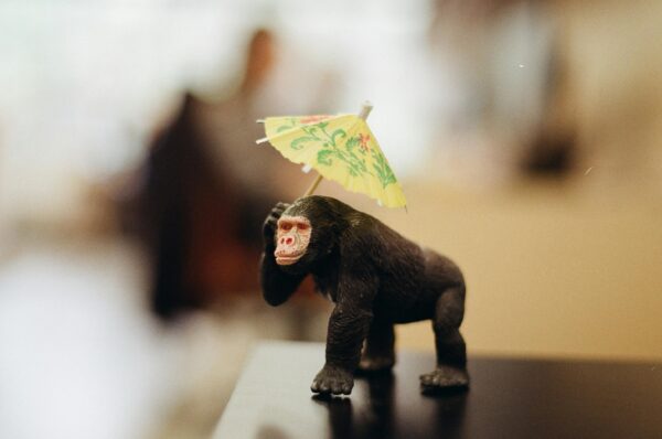 Close-up of a gorilla toy figurine holding a decorative umbrella indoors. Blurred background adds depth.